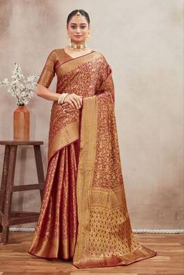 Burgundy royal brocade mysore silk saree with zari weaving 1