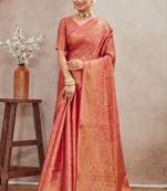 Peach royal brocade mysore silk saree with zari weaving