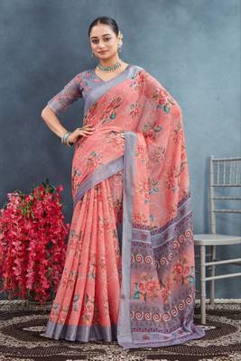 Peach linen cotton saree with ekat designer prints 1