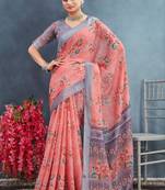 Peach linen cotton saree with ekat designer prints