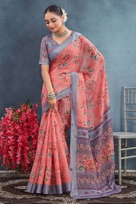 Peach linen cotton saree with ekat designer prints 2