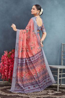 Peach linen cotton saree with ekat designer prints 3
