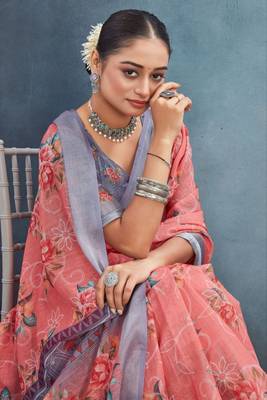 Peach linen cotton saree with ekat designer prints 4