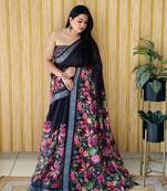 Black woven linen saree with blouse piece
