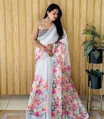 White woven linen saree with blouse piece