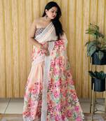 Peach woven linen saree with blouse piece