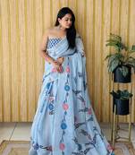 Blue woven linen saree with blouse piece