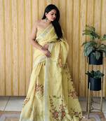 Yellow woven linen saree with blouse piece