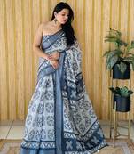 White woven linen saree with blouse piece