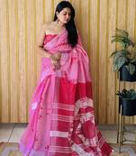 Pink woven linen saree with blouse piece