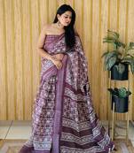 Brown woven linen saree with blouse piece