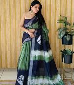 Green woven linen saree with blouse piece