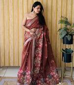 Brown woven linen saree with blouse piece