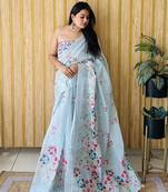 Blue woven linen saree with blouse piece