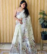 Cream woven linen saree with blouse piece