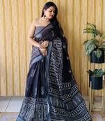 Black woven linen saree with blouse piece