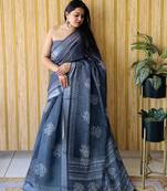 Grey woven linen saree with blouse piece