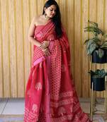 Red woven linen saree with blouse piece