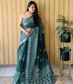 Teal woven linen saree with blouse piece