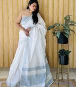 Navy blue woven linen chit pallu saree with blouse piece