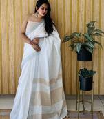 Beige woven linen chit pallu saree with blouse piece