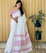 Pink woven linen chit pallu saree with blouse piece