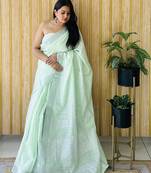 Green woven linen chit pallu saree with blouse piece