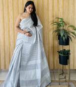 Grey woven linen chit pallu saree with blouse piece