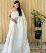 Beige woven linen chit pallu saree with blouse piece