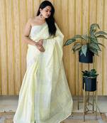 Light yellow woven linen chit pallu saree with blouse piece