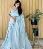 Sky blue woven linen chit pallu saree with blouse piece
