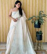 Cream woven linen chit pallu saree with blouse piece