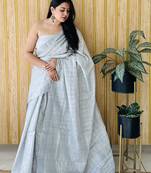 Grey woven linen chit pallu saree with blouse piece