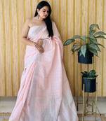 Pink woven linen chit pallu saree with blouse piece