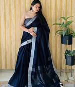 Navy blue woven linen chit pallu saree with blouse piece