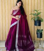 Wine woven linen chit pallu saree with blouse piece