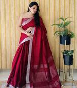 Red woven linen chit pallu saree with blouse piece