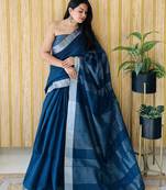 Teal woven linen chit pallu saree with blouse piece