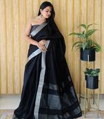 Black woven linen chit pallu saree with blouse piece