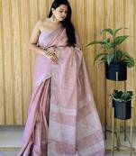Mauve woven linen chit pallu saree with blouse piece
