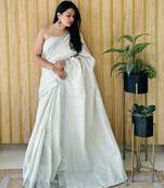 Light beige woven linen chit pallu saree with blouse piece