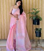 Pink woven linen chit pallu saree with blouse piece