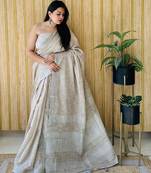 Brown woven linen chit pallu saree with blouse piece