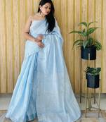 Sky blue woven linen chit pallu saree with blouse piece