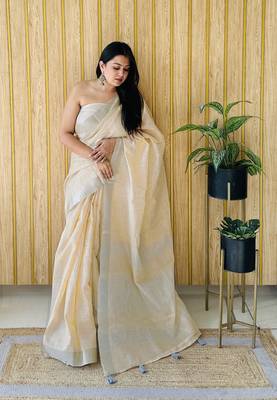 Cream woven linen chit pallu saree with blouse piece 1