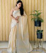 Cream woven linen chit pallu saree with blouse piece