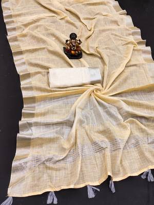 Cream woven linen chit pallu saree with blouse piece 3