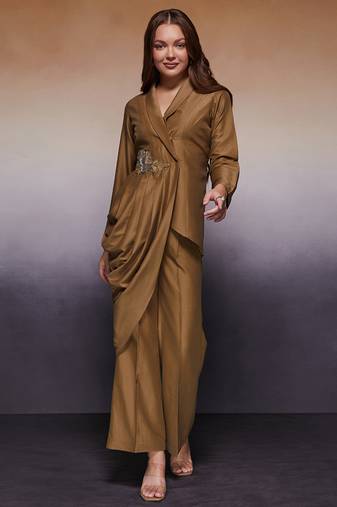 Elegant draped wrap top & flared pant cord set with hand-embroidered patch