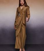 Elegant draped wrap top & flared pant cord set with hand-embroidered patch