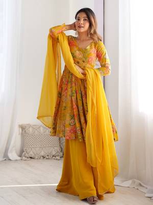 Radiant yellow floral printed anarkali palazzo set with dupatta 1